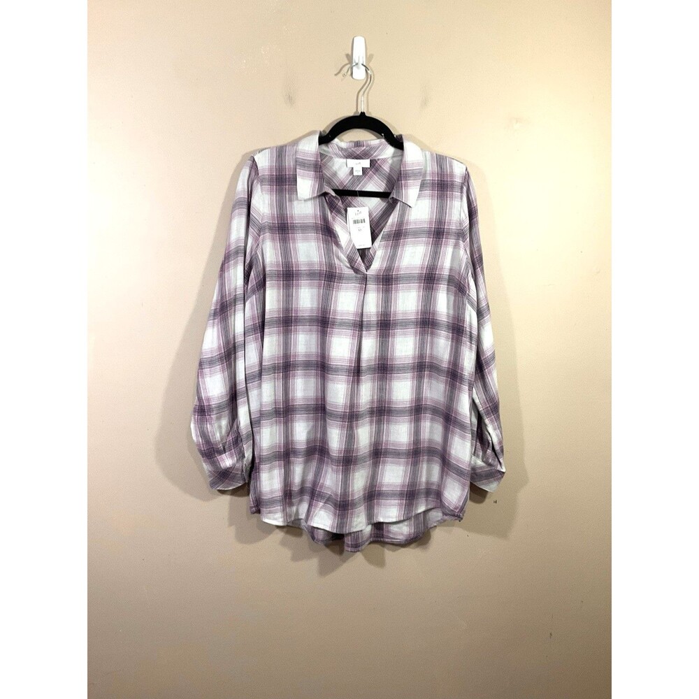 J Jill Long Sleeve Plaid Flannel Popover Tunic Shirt M Pink White Modal NWT